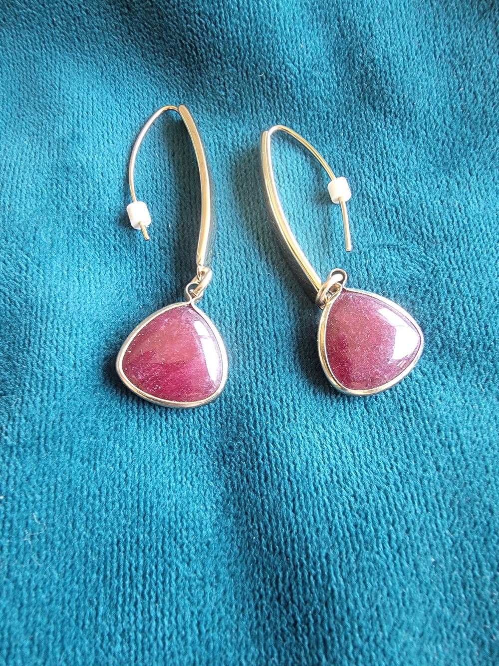 Gold Drop Earrings with Fushcia Gem Accents